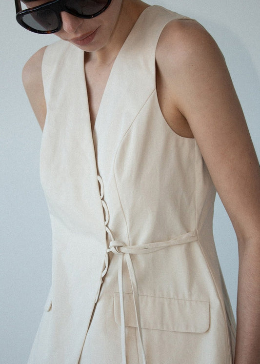 Staple the Label Willow Loop Detail Vest - Stone, worn by a model, close-up