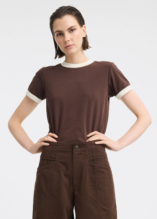 Morrison Marco Tee - Chocolate/Ecru, worn by a model, front view