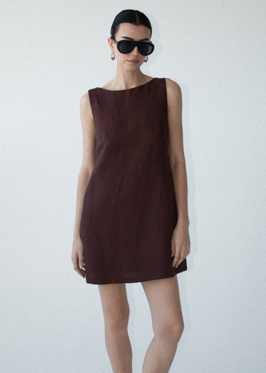 Staple the Label Rhodes Mini Shift Dress - Chocolate, worn by a model