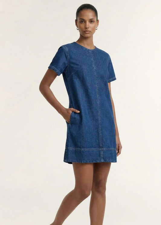 Staple the Label Roma Chambray Mini Dress - Indigo, worn by a model, side view