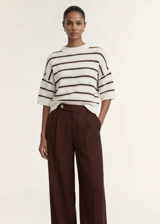 Staple the Label Pillar Stripe Knit Tee - Brown/White Stripe, worn by a model, front view