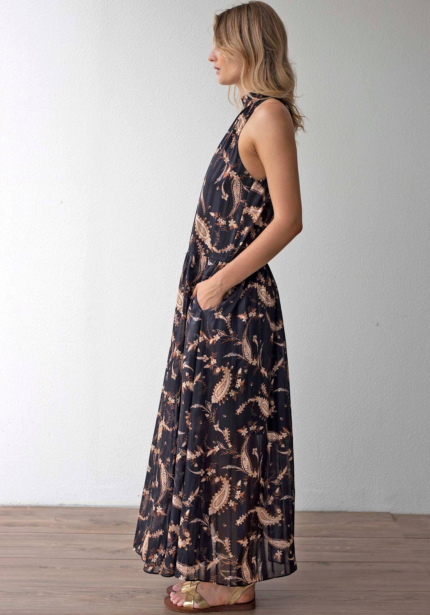 Three of Something - Nighttide Paisley Halter Maxi Dress: Black / S