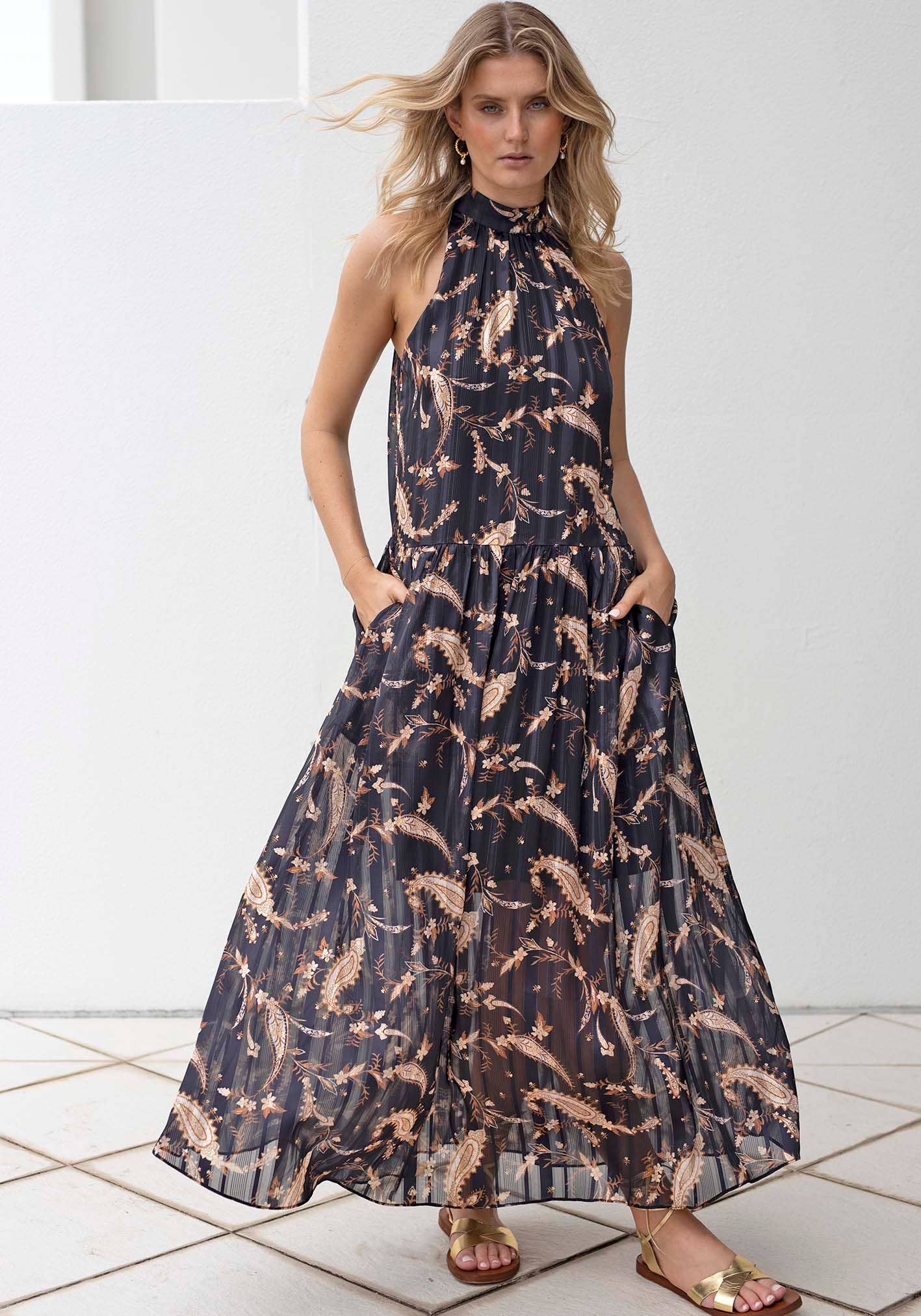 Three of Something - Nighttide Paisley Halter Maxi Dress: Black / S