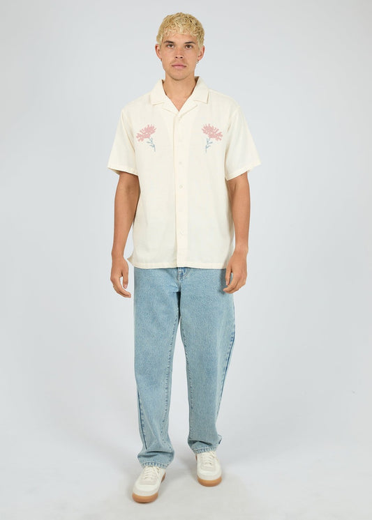 Floral Cross Stitch SS Shirt in Natural by Silent Theory, full length front