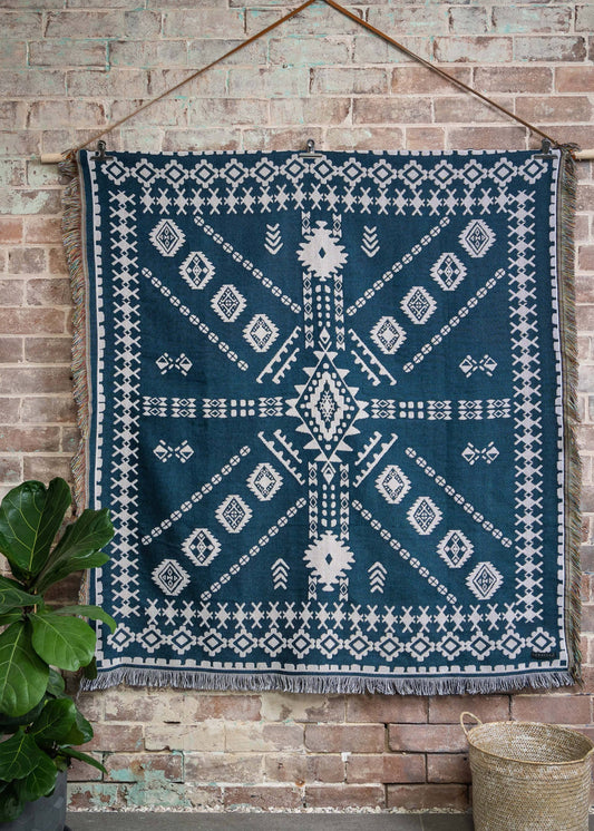 HENDEER - 'Blue Moon' Woven Picnic Rug/Throw: Large 170x200cm
