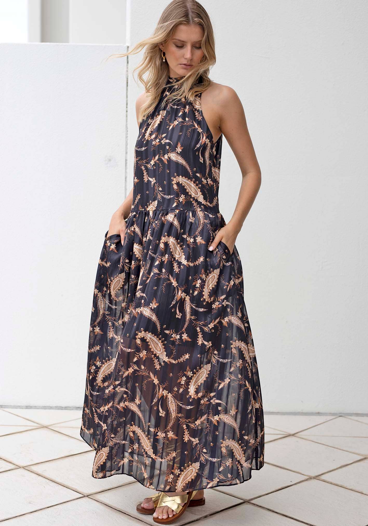 Three of Something - Nighttide Paisley Halter Maxi Dress: Black / S
