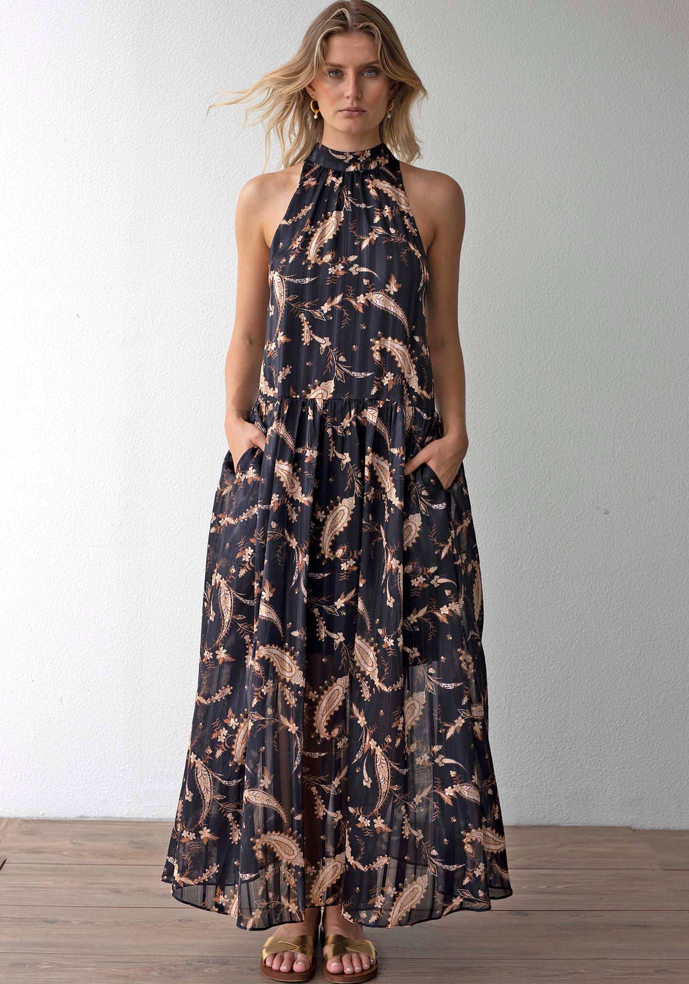 Three of Something - Nighttide Paisley Halter Maxi Dress: Black / S