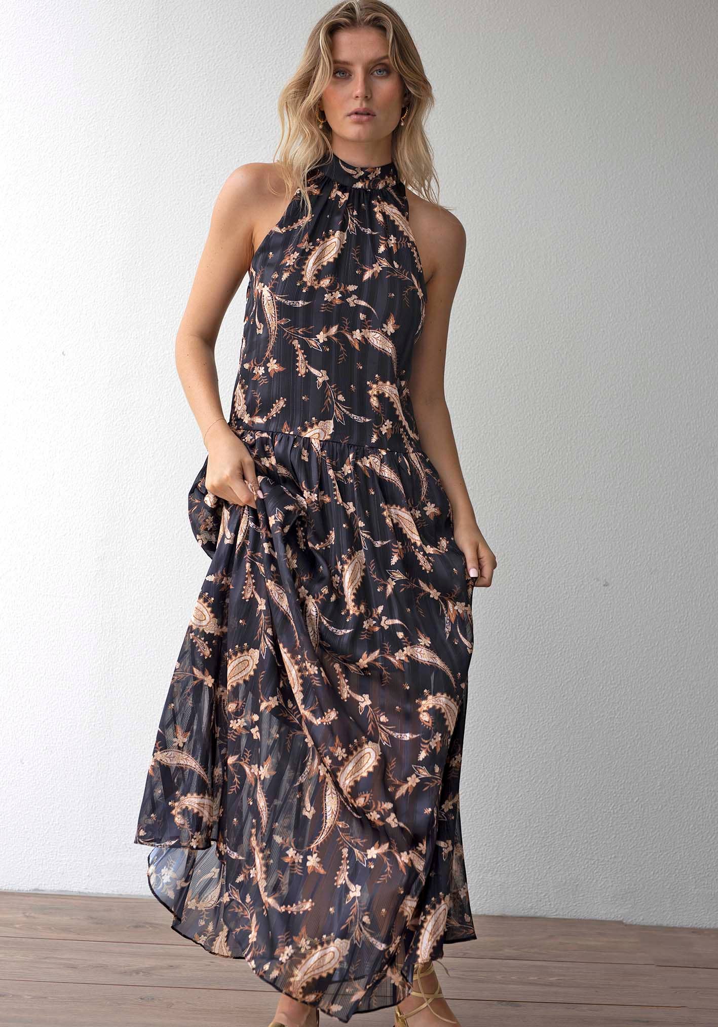 Three of Something - Nighttide Paisley Halter Maxi Dress: Black / S