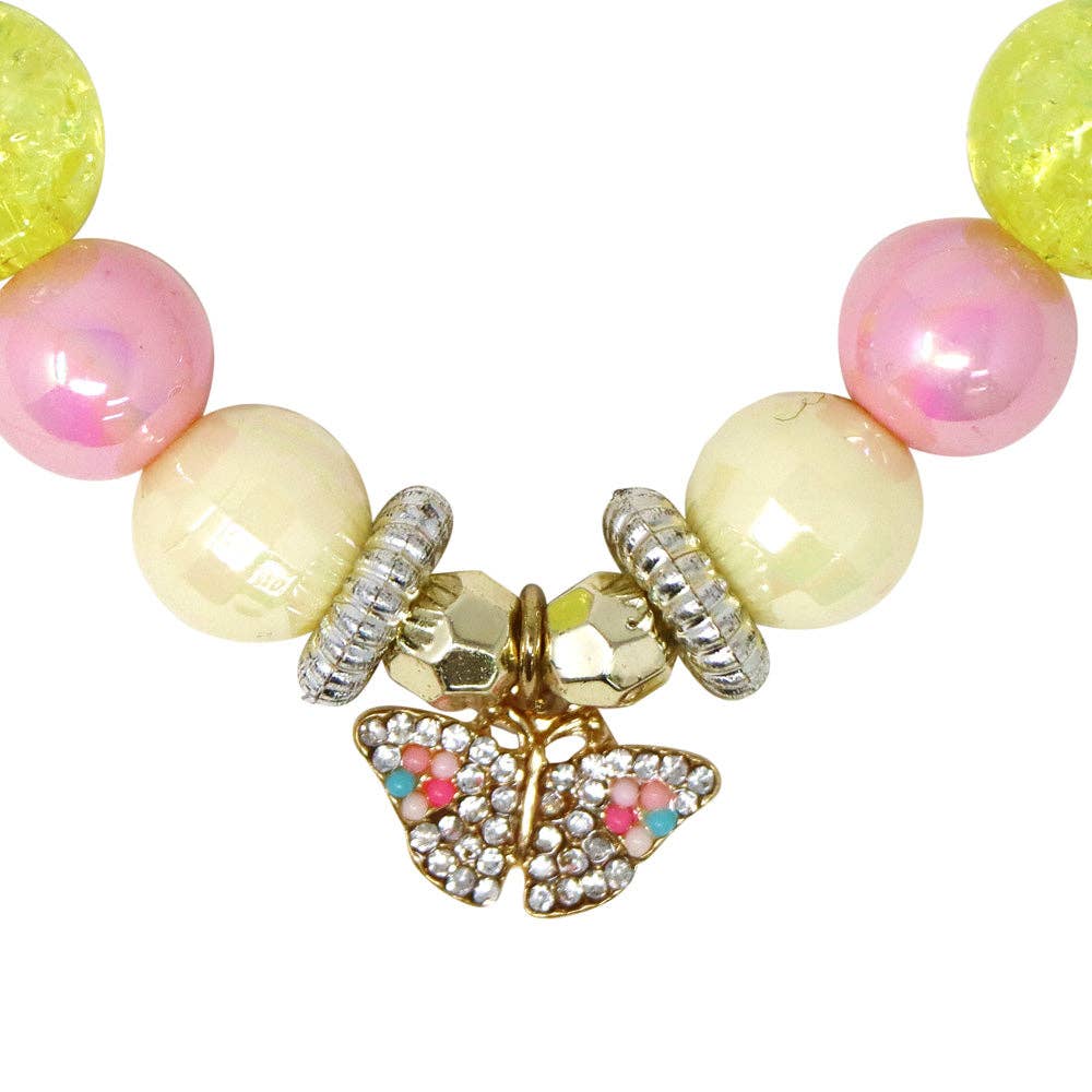 Pink Poppy - Rhinestone Butterfly Charm Stretch Beaded Necklace