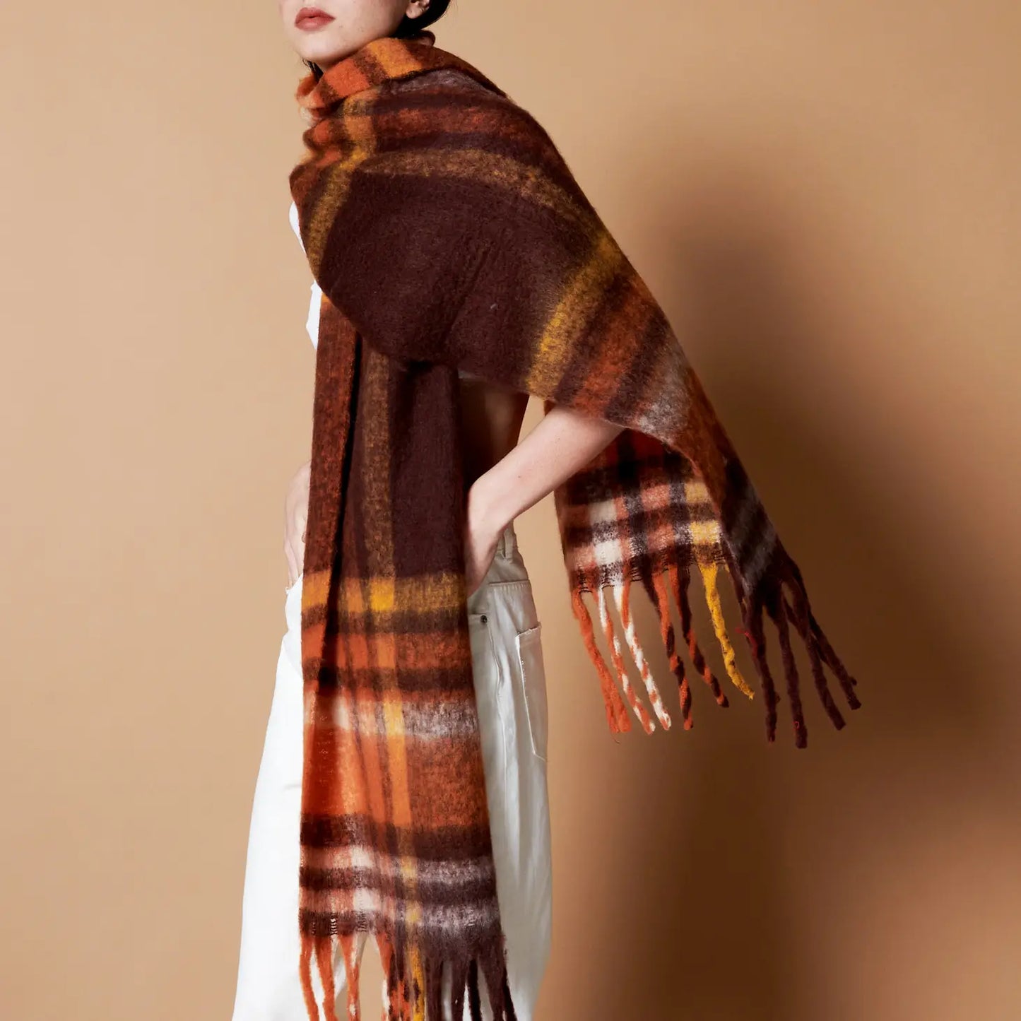 Caramel Checkered Fluffy Scarf