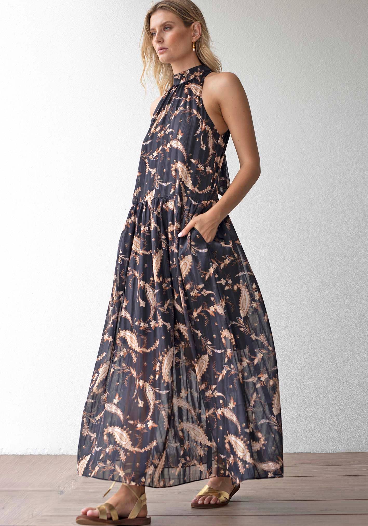 Three of Something - Nighttide Paisley Halter Maxi Dress: Black / S
