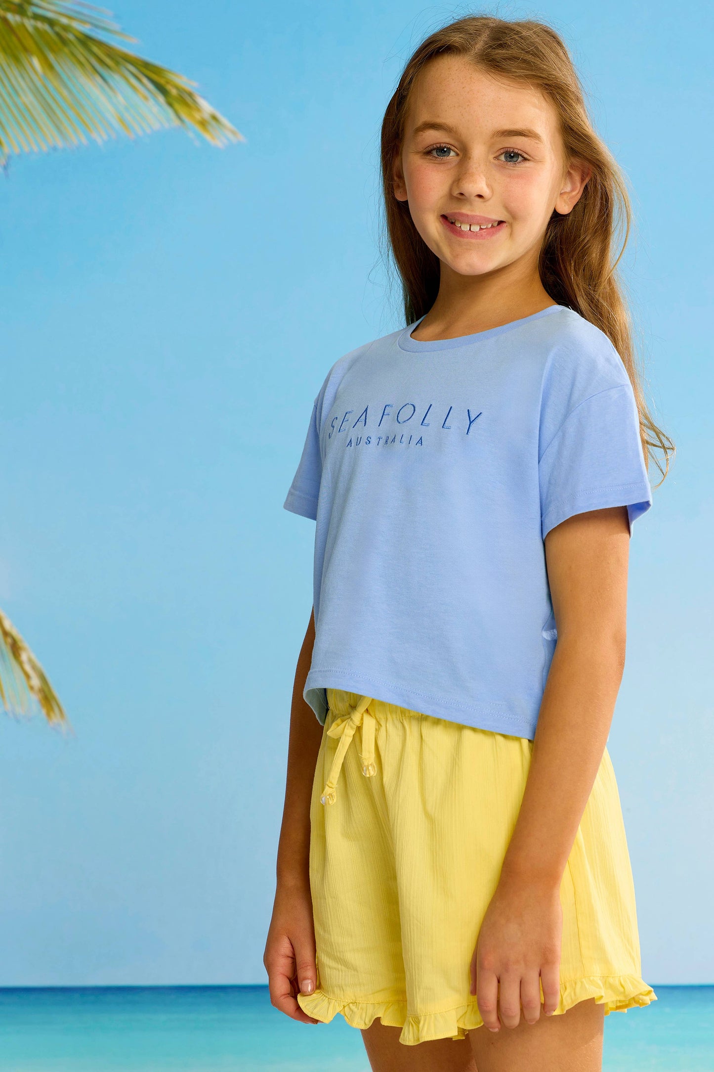 Kids Cotton Embroidery Crop Tee - Sky Blue