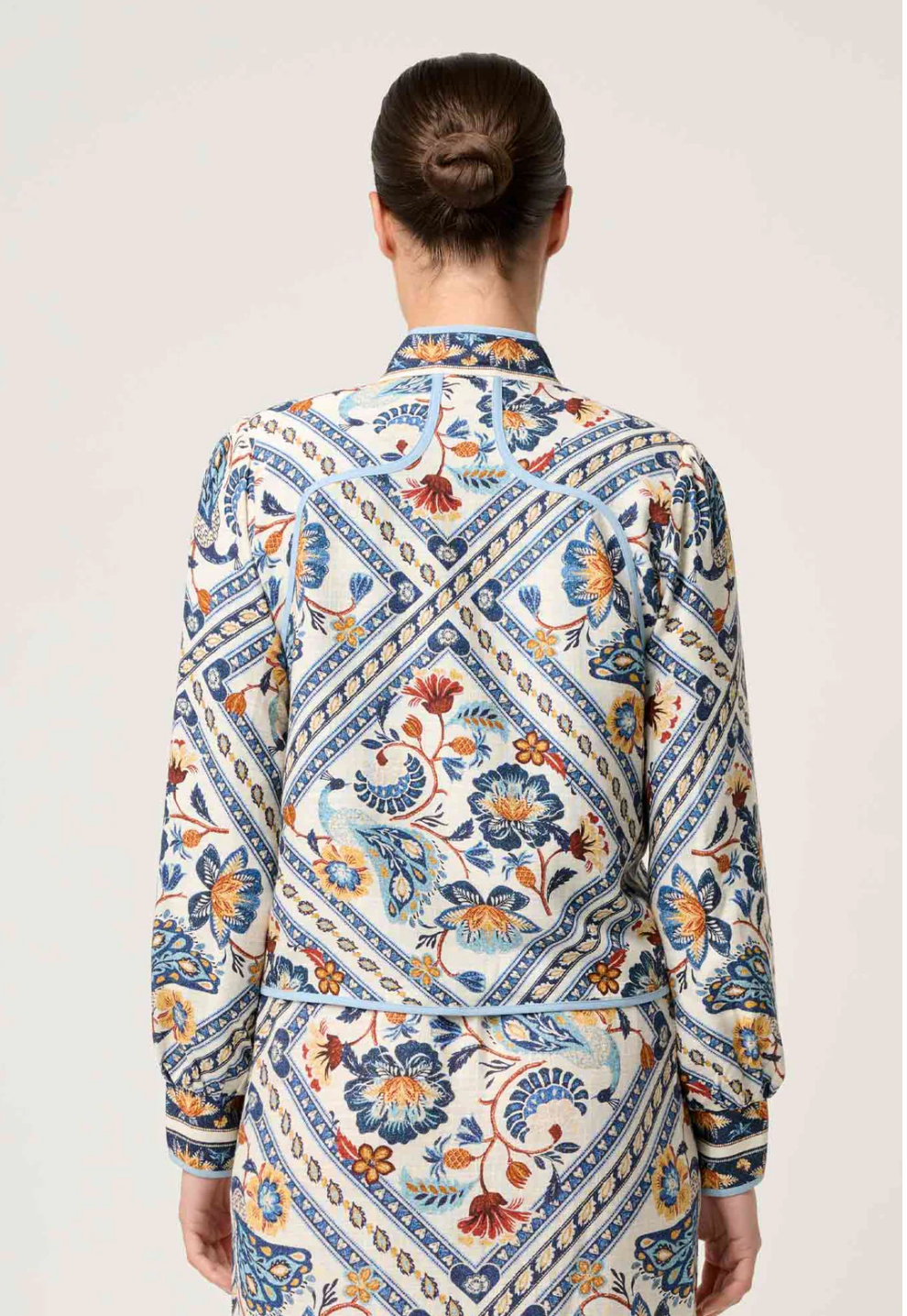 Aurora Reversible Placement Print Linen Viscose & Tencel Fringe Jacket - Petinos Floros