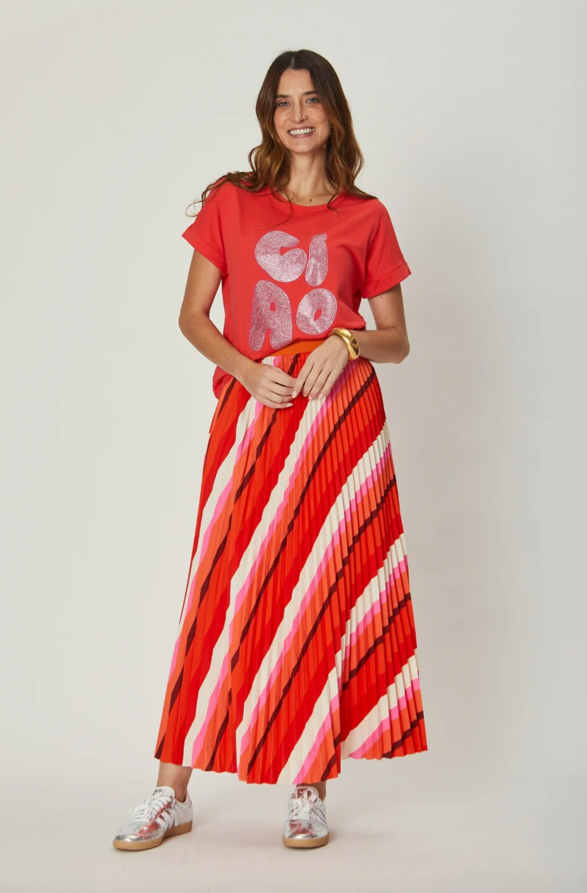 Simone Pleat Skirt - Red/Pink Stripe