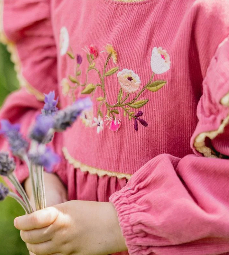 Wild Horses Embroidered Cord Dress - Pink