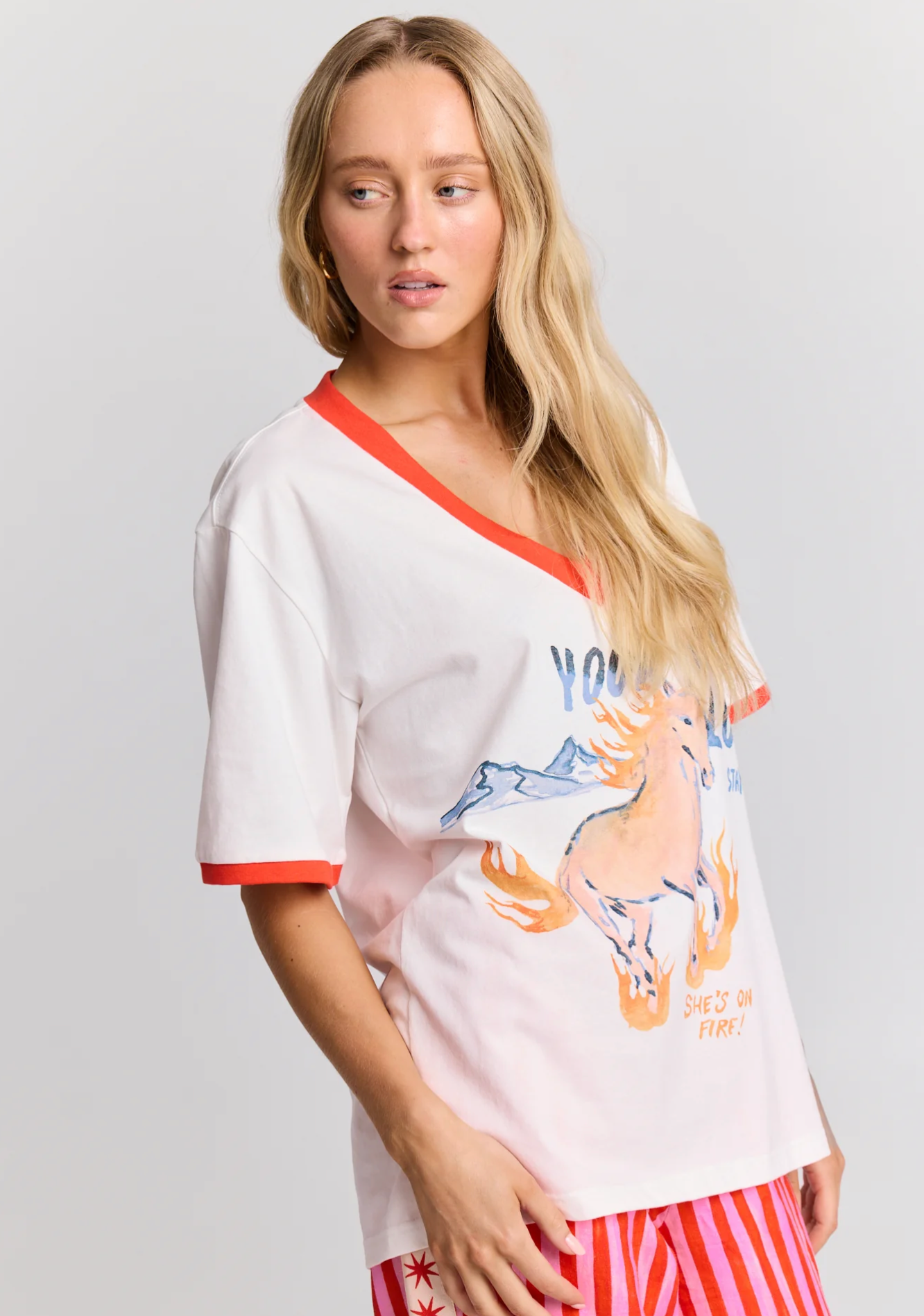 She's on Fire V-Neck T-Shirt - White and Orange