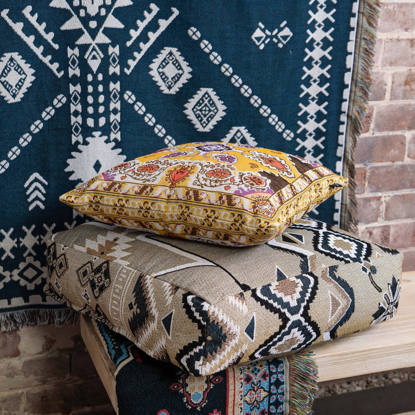 HENDEER - 'Blue Moon' Woven Picnic Rug/Throw: Large 170x200cm