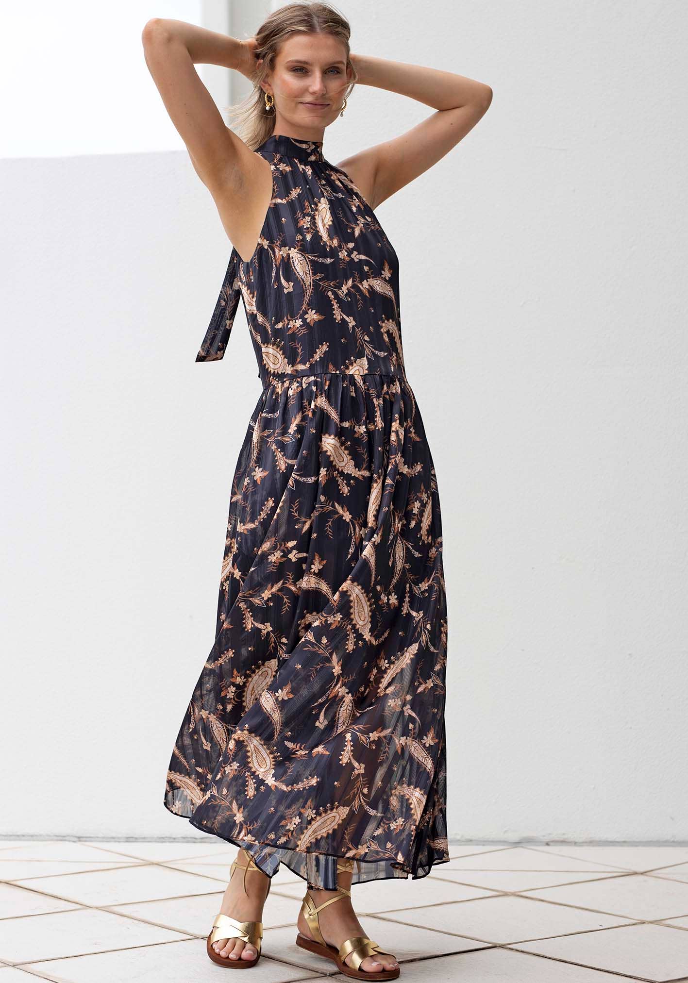 Three of Something - Nighttide Paisley Halter Maxi Dress: Black / S