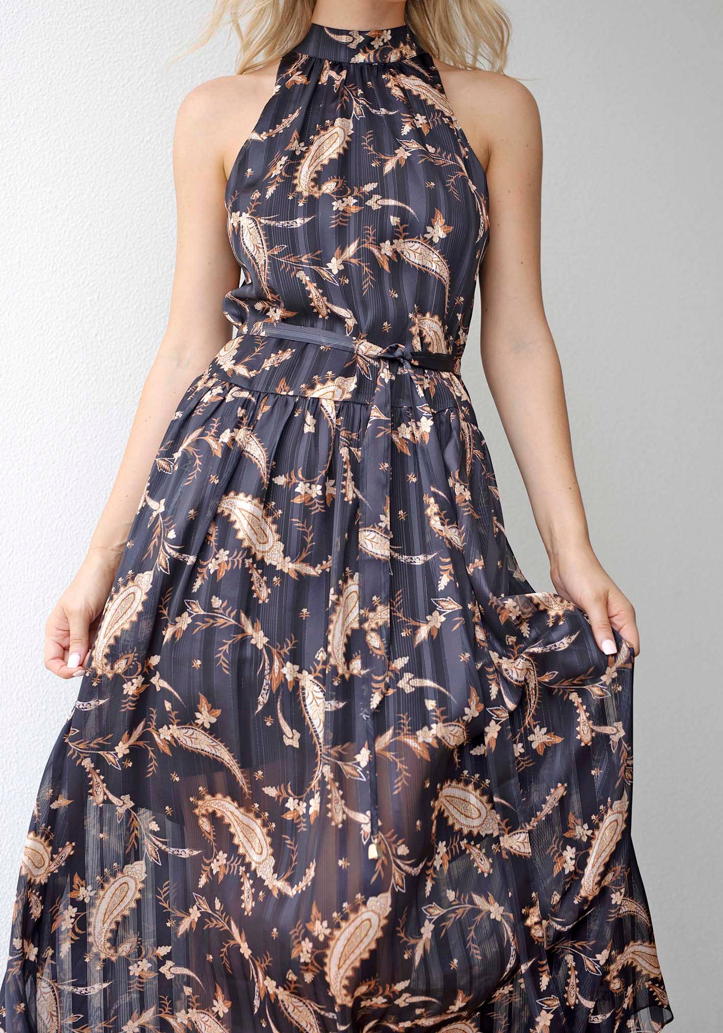 Three of Something - Nighttide Paisley Halter Maxi Dress: Black / S