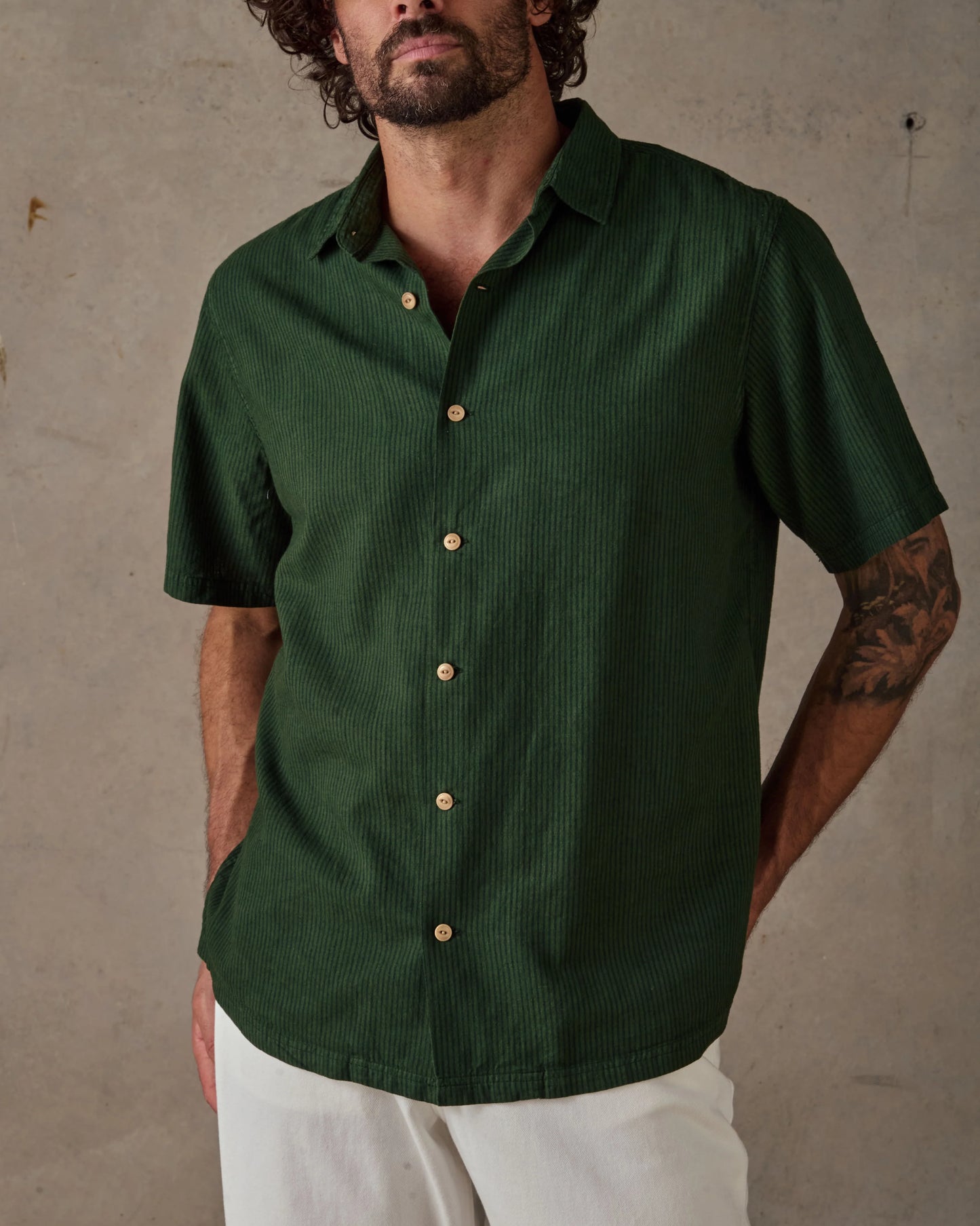 Hemp Stripe Shirt - Dark Green