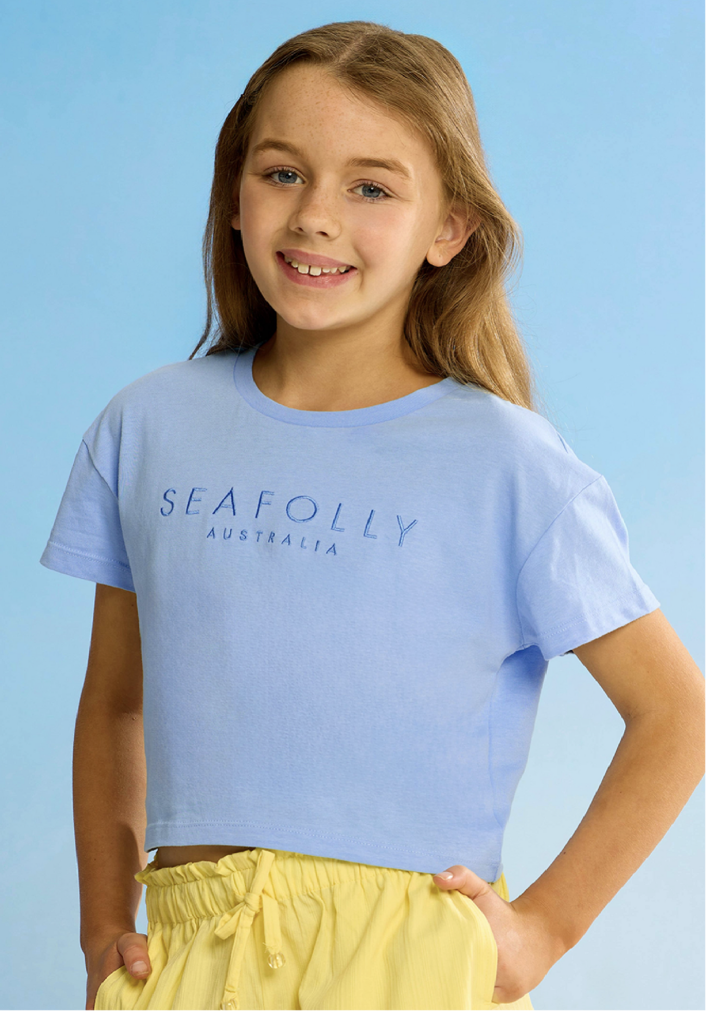 Kids Cotton Embroidery Crop Tee - Sky Blue