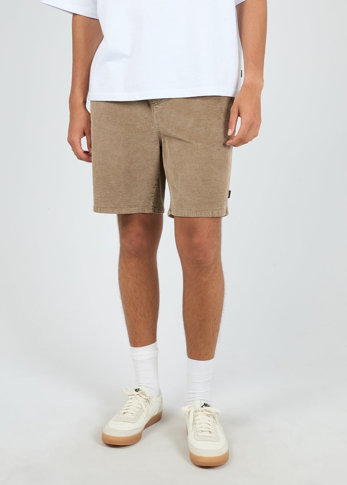 Front of the mocha corduroy short showing the drawstring waist