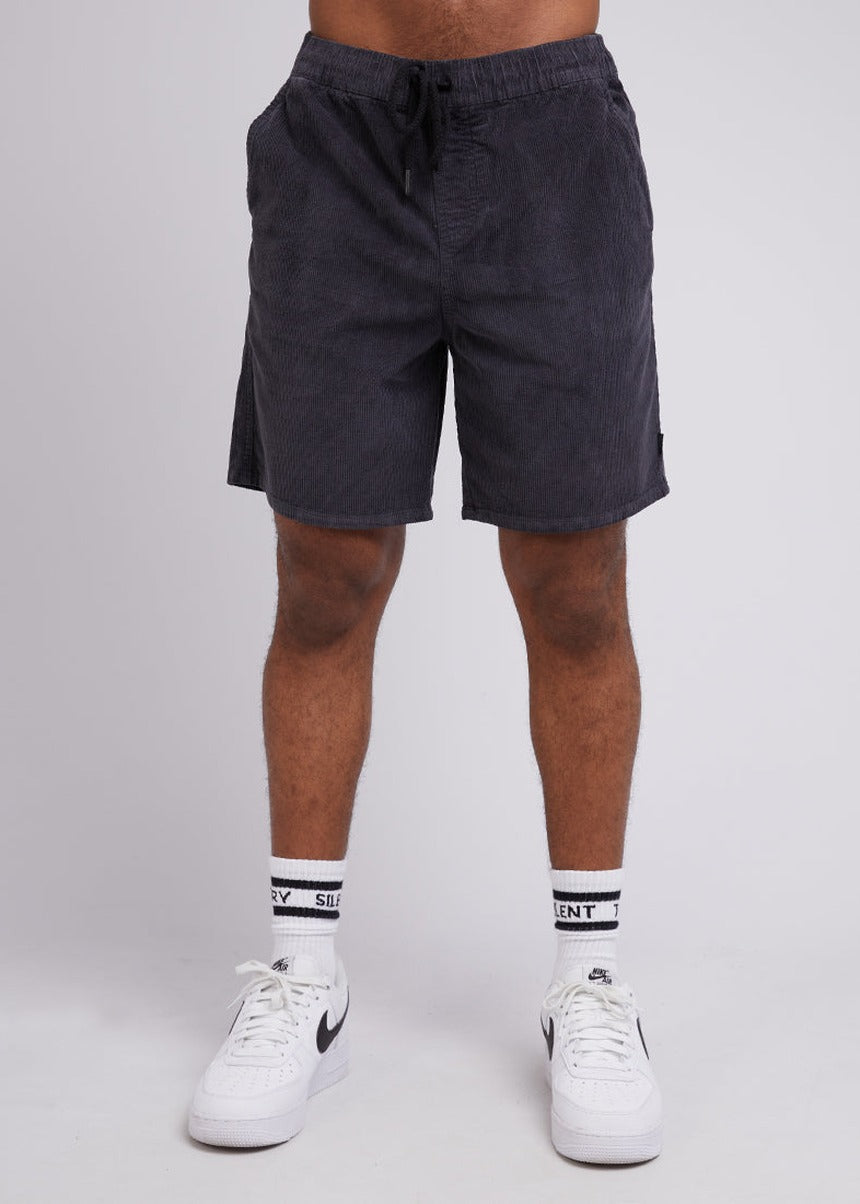 Front of the washed black corduroy short showing the drawstring waist
