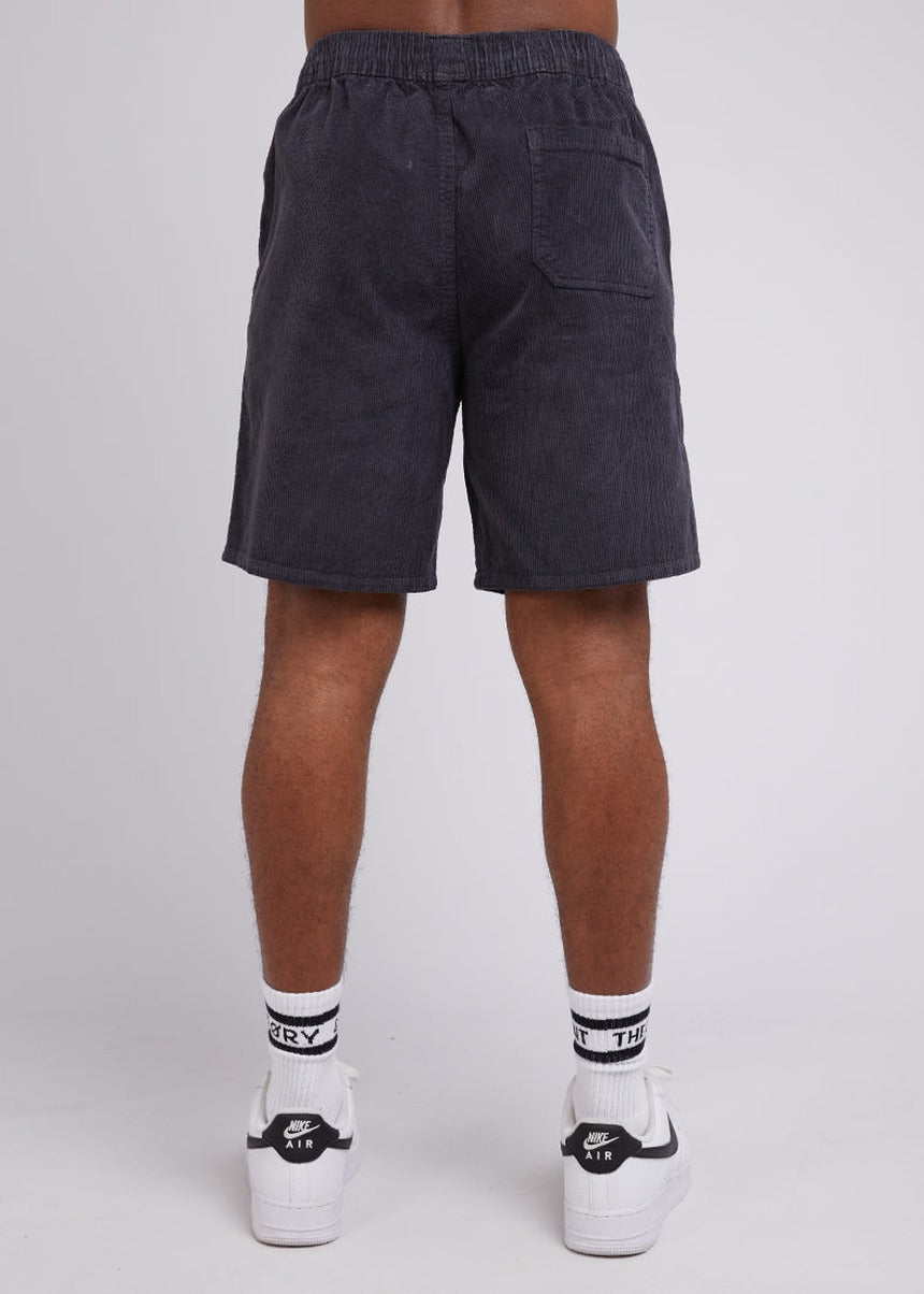 Back of the washed black corduroy short showing the patch pocket