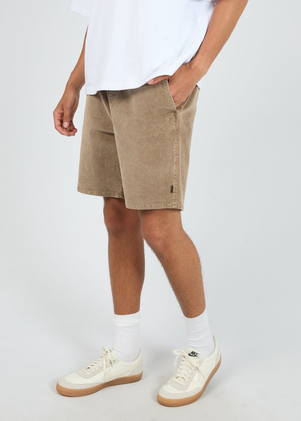 Side pocket detail on the mocha corduroy short