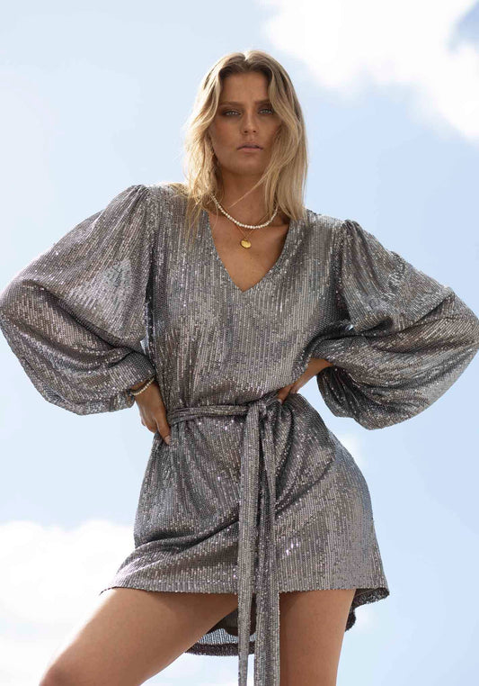 Three of Something - Zodiac Sequin Sleeve Dress: Silver / S