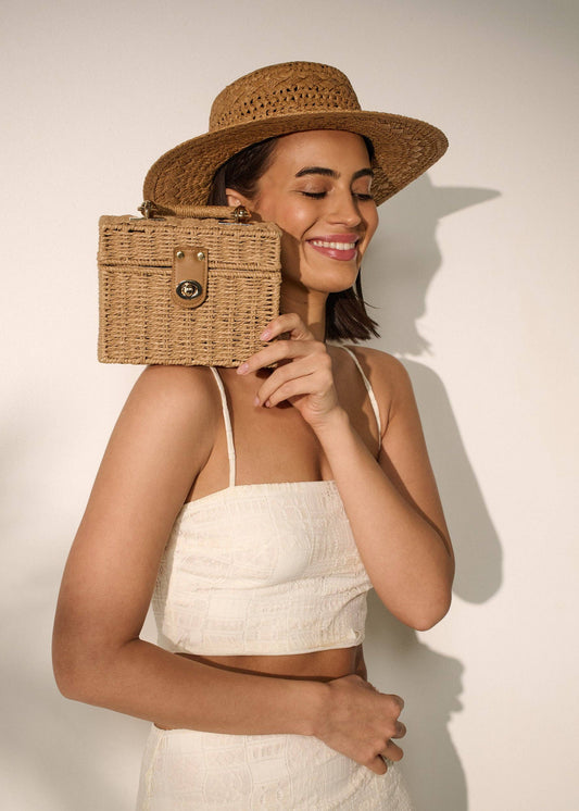 Angels Whisper Accessories - Fawn Rattan Box Crossbody Bag in Tan