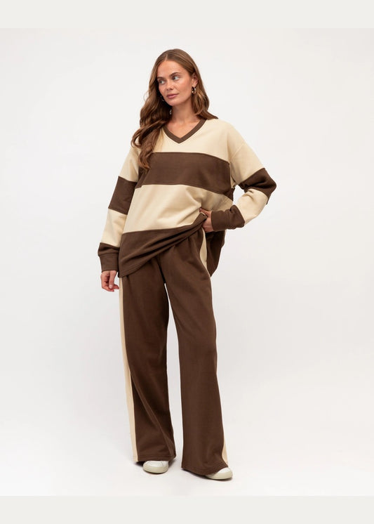 Striped V Neck Sweater - Chocolate