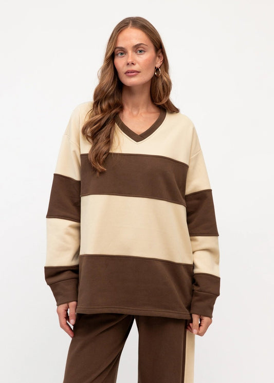 Striped V Neck Sweater - Chocolate