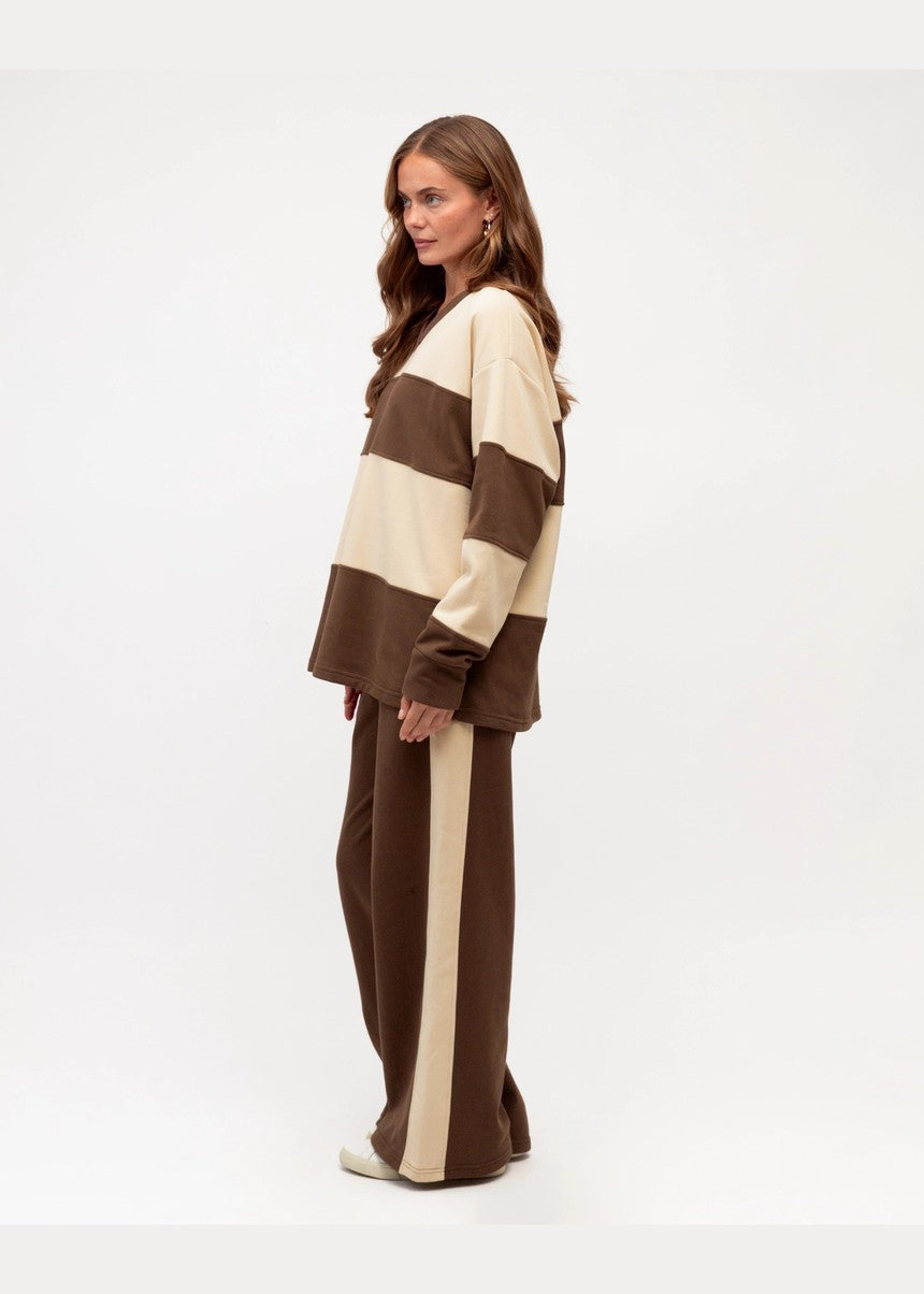 Striped V Neck Sweater - Chocolate