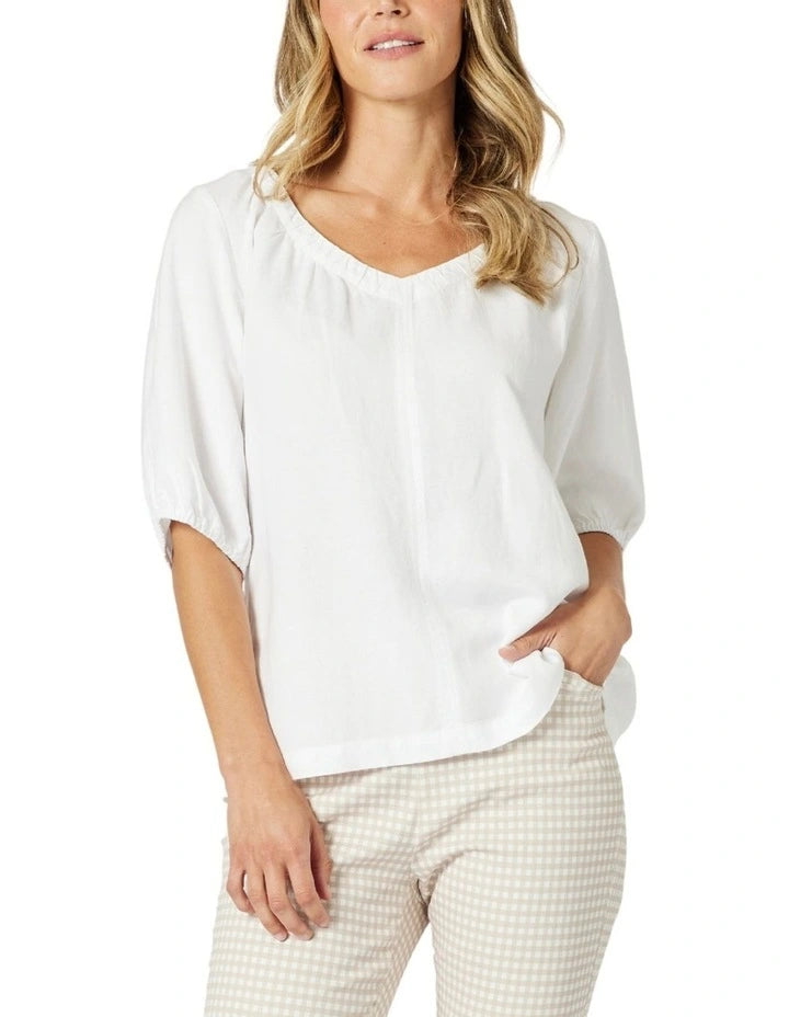Lino V Neck Top - White