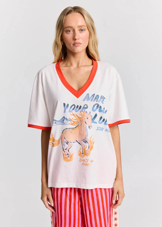She's on Fire V-Neck T-Shirt - White and Orange