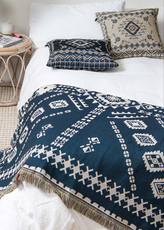 HENDEER - 'Blue Moon' Woven Picnic Rug/Throw: Large 170x200cm
