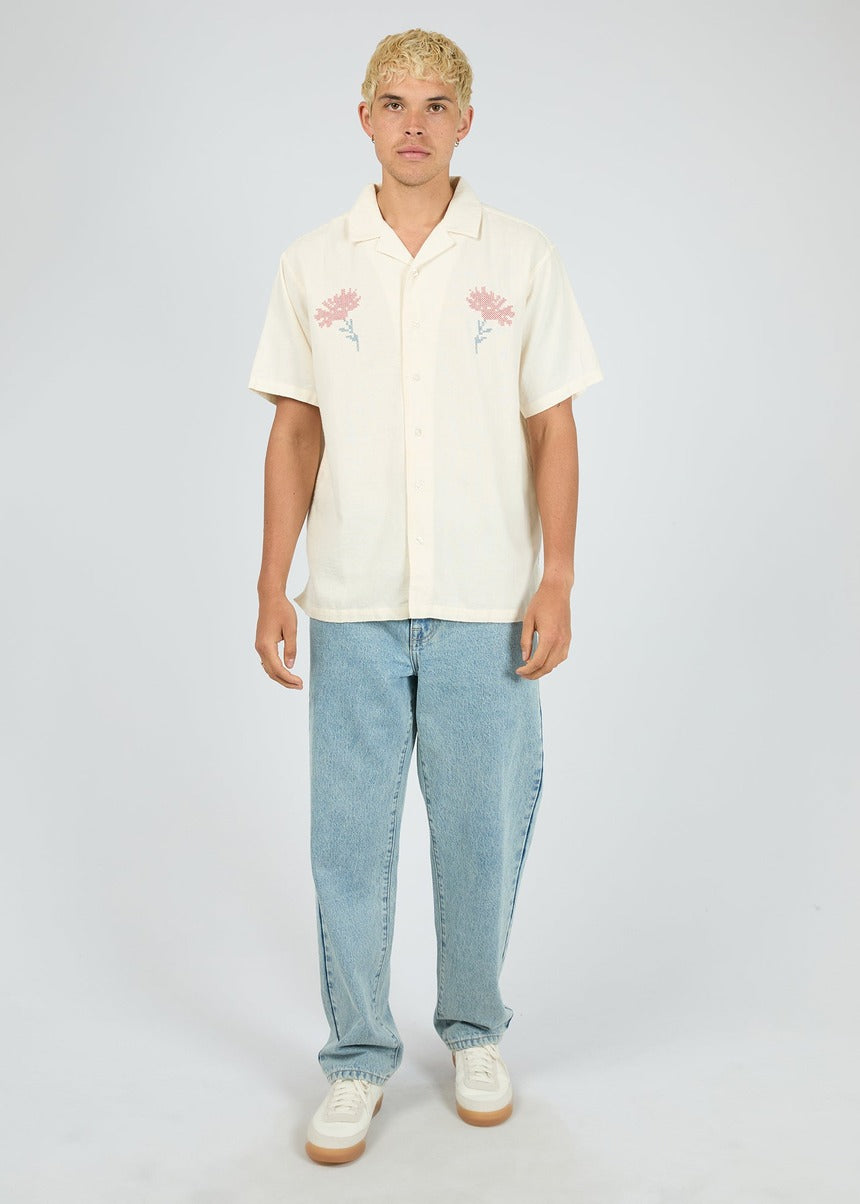 Floral Cross Stitch SS Shirt in Natural by Silent Theory, full length front