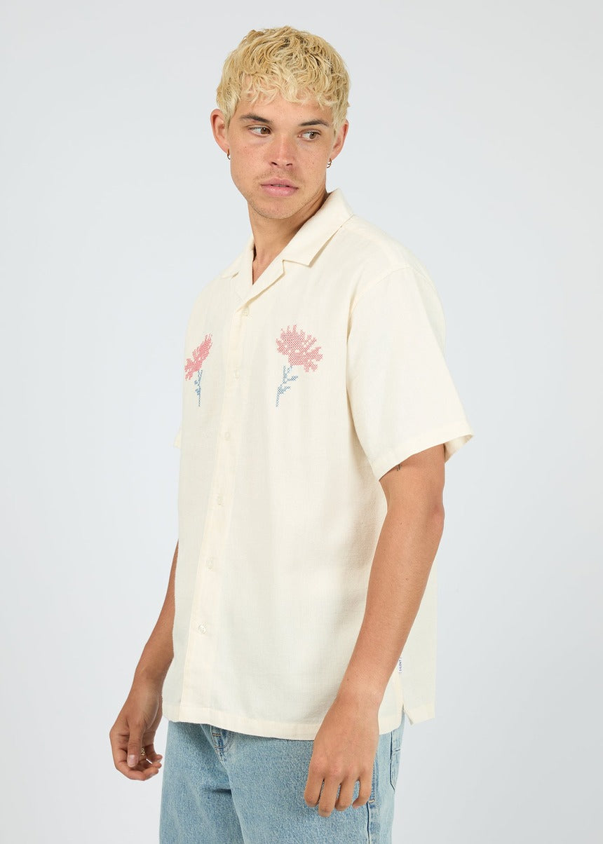 Floral Cross Stitch SS Shirt in Natural by Silent Theory, angled front view