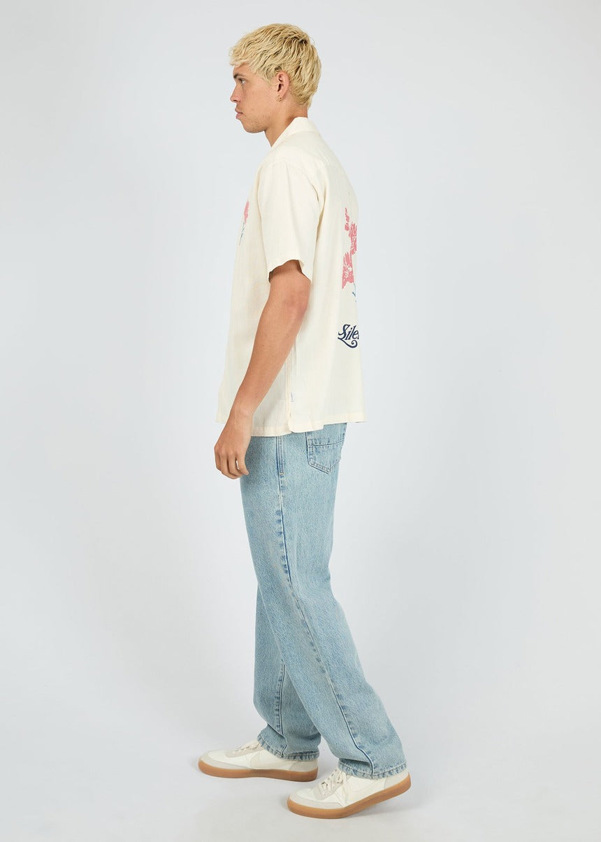 Floral Cross Stitch SS Shirt in Natural by Silent Theory, side profile