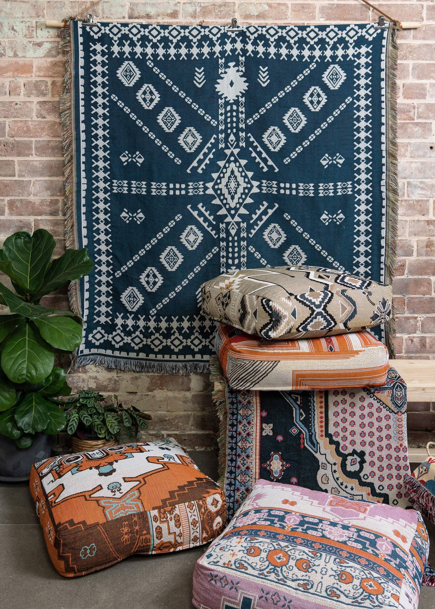HENDEER - 'Blue Moon' Woven Picnic Rug/Throw: Large 170x200cm