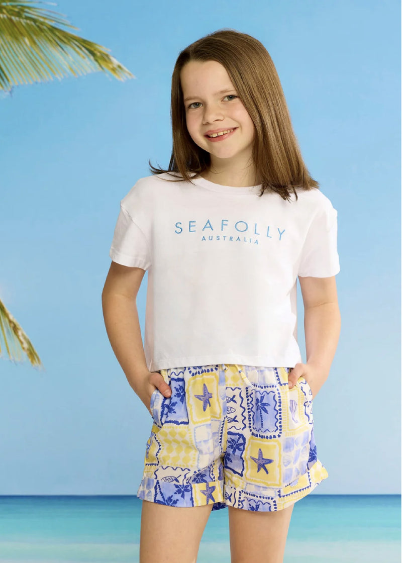 Kids Cotton Embroidery Crop Tee - Brilliant White