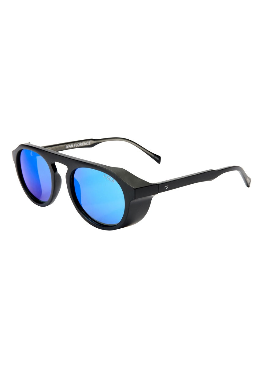 I-SEA Ivan Florence sunglasses, black frame with blue mirror polarised lens
