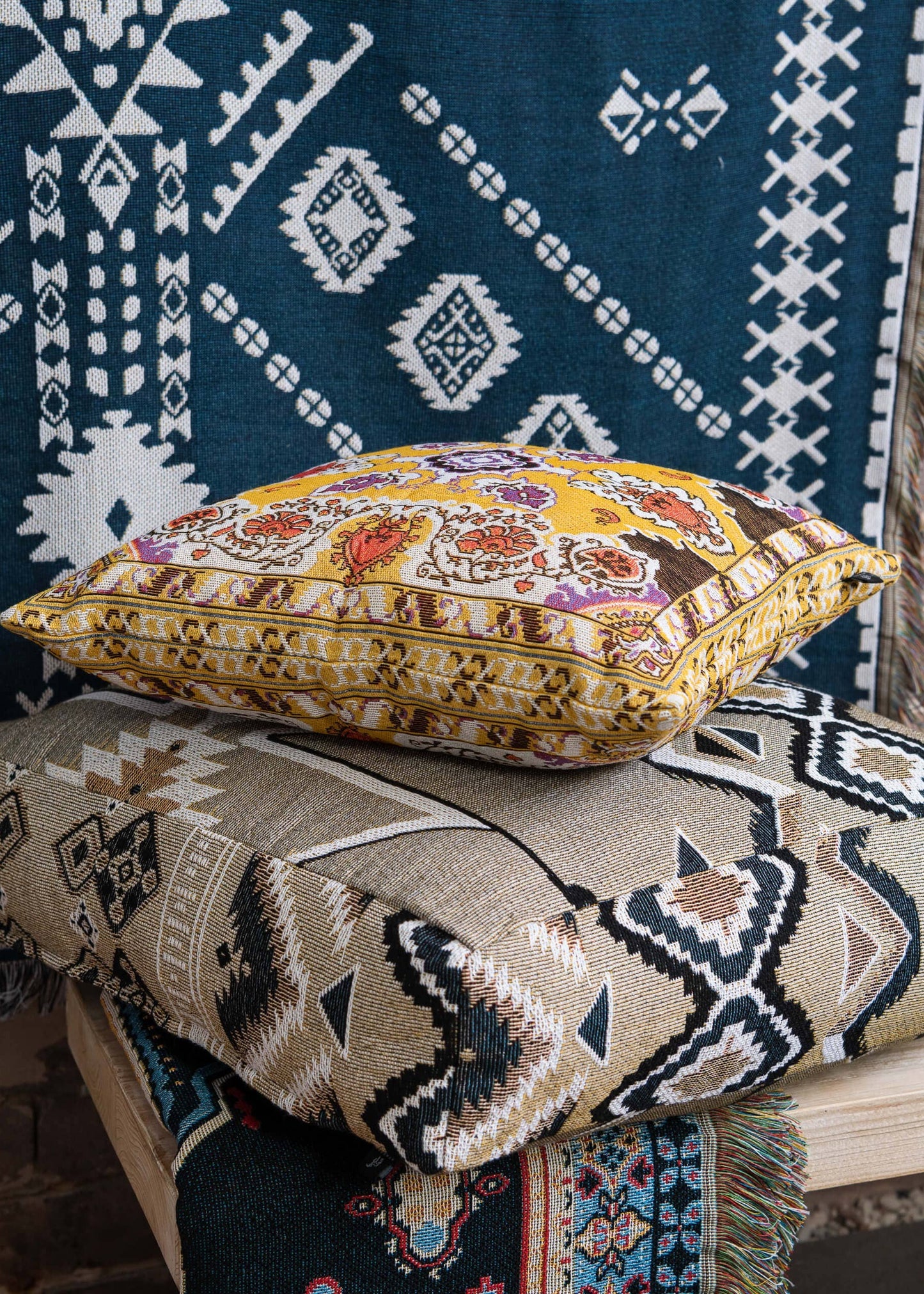 HENDEER - 'Blue Moon' Woven Picnic Rug/Throw: Large 170x200cm