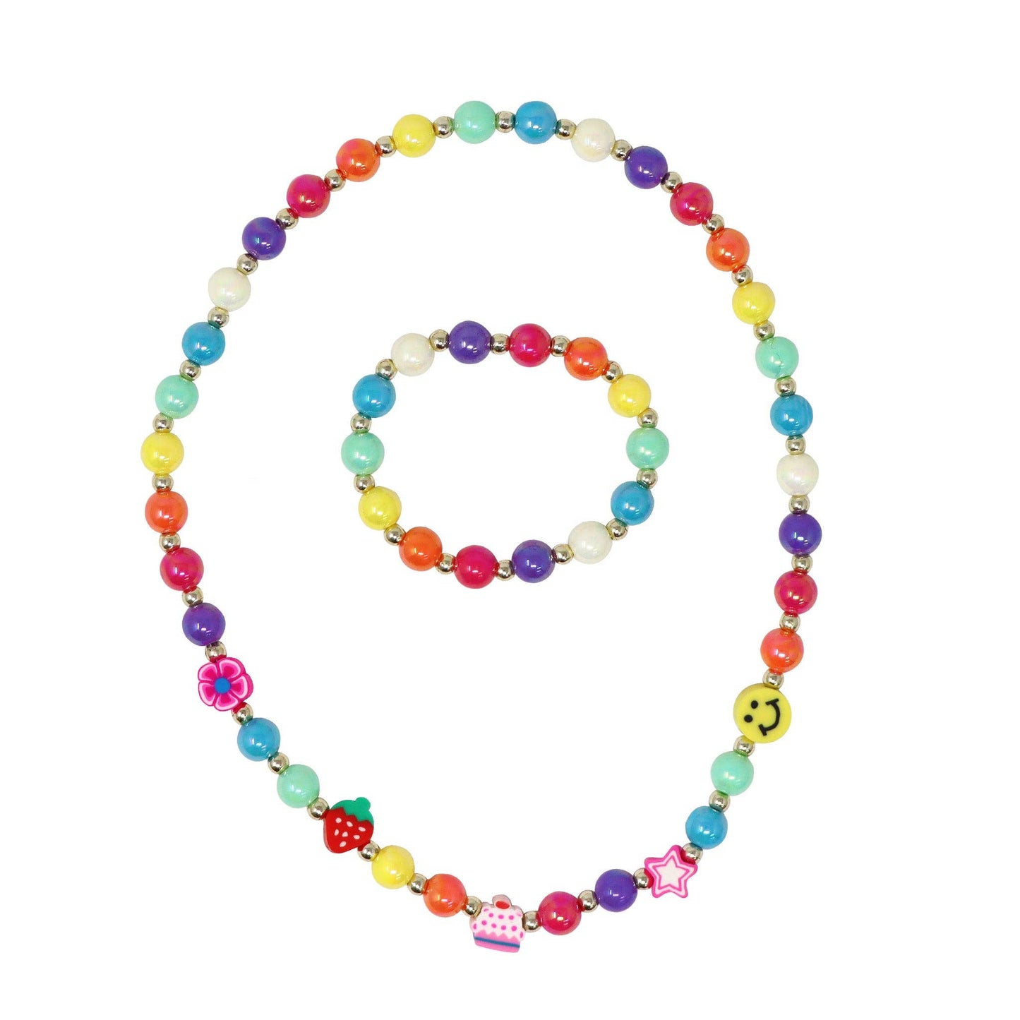 Pink Poppy - Rainbow Smiley Face And Fruit Necklace and Bracelet Set - (Pack Size: 6)