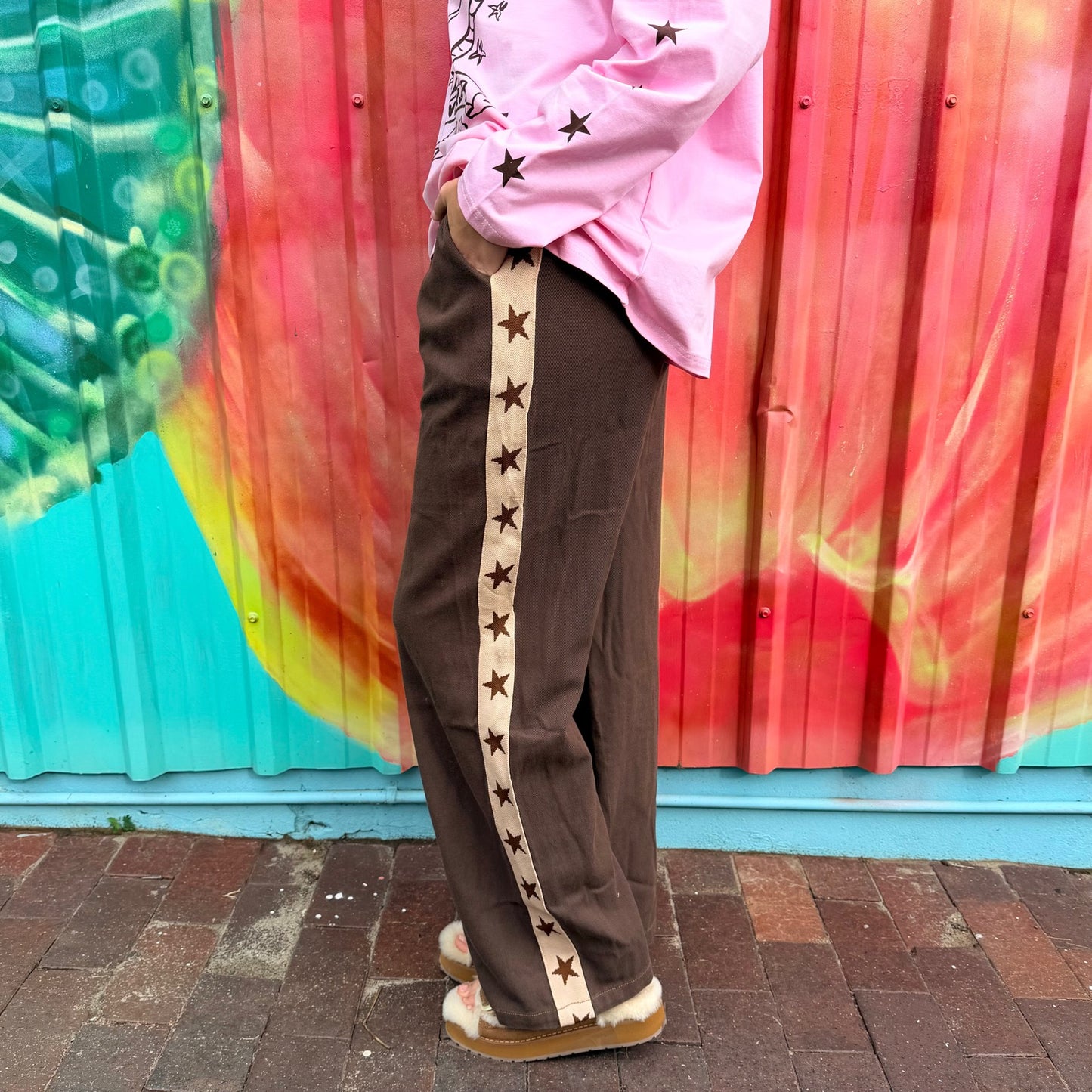 Star Pants Brown/Beige side view, star racer stripe detail