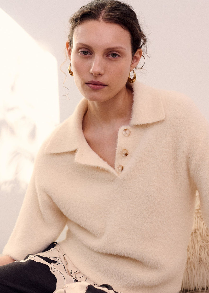 Celine Polo Knit Top - Natural Beige
