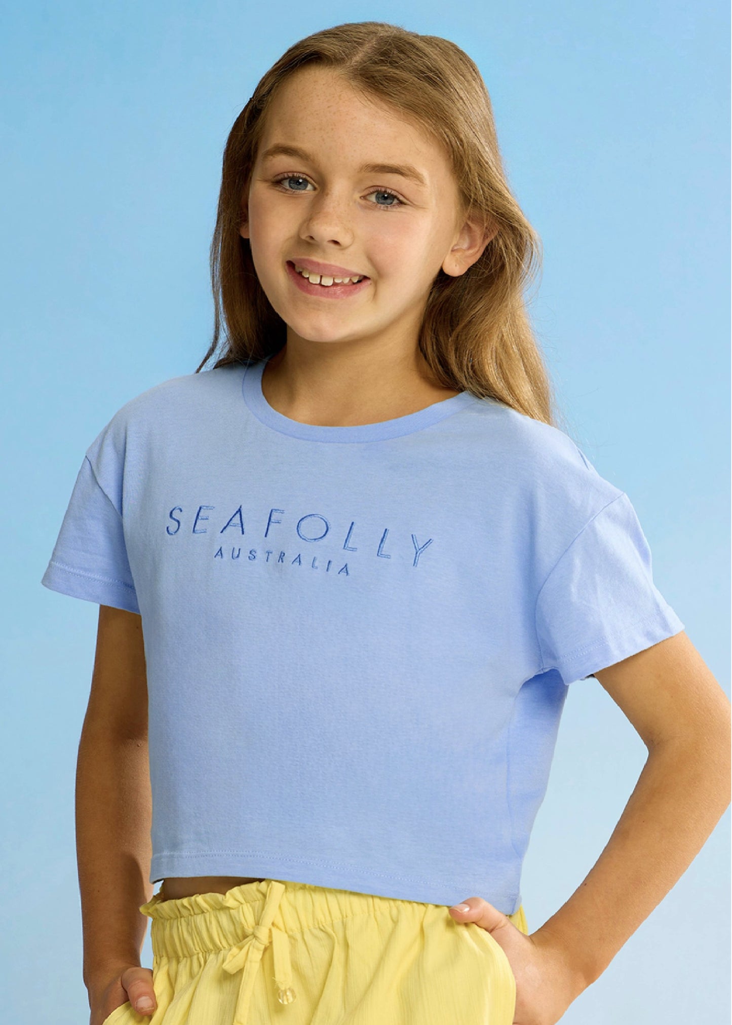 Kids Cotton Embroidery Crop Tee - Sky Blue