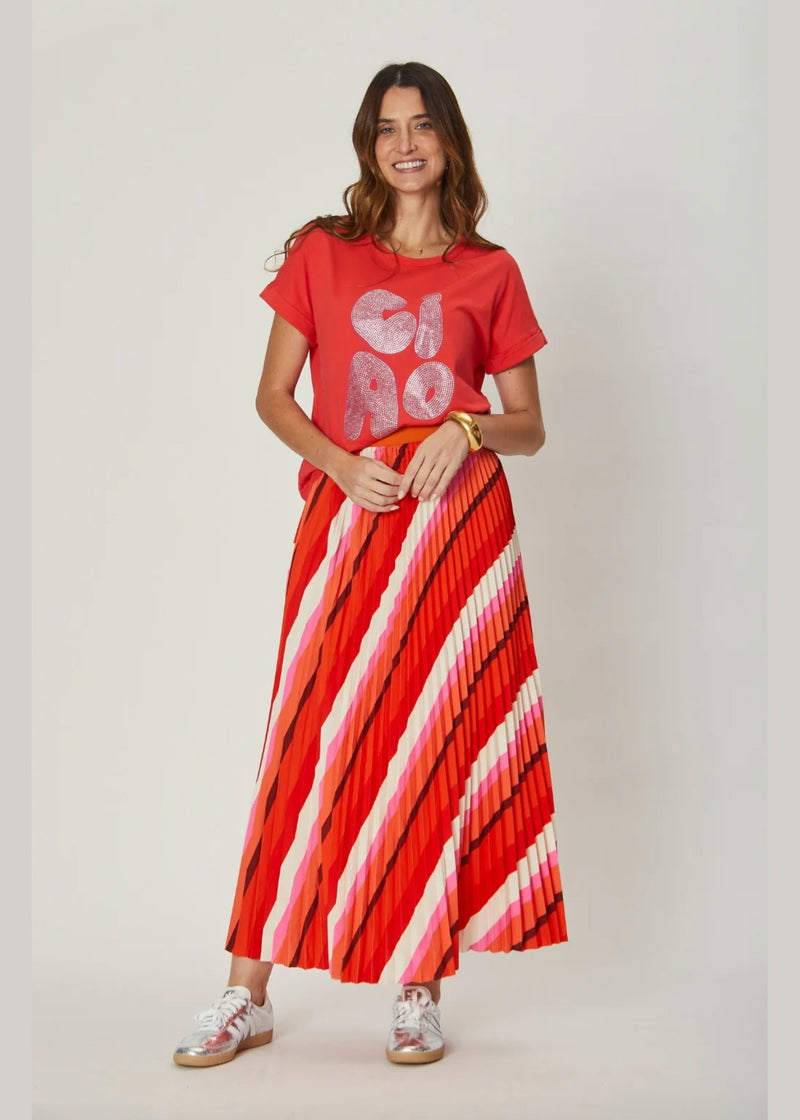 Simone Pleat Skirt - Red/Pink Stripe