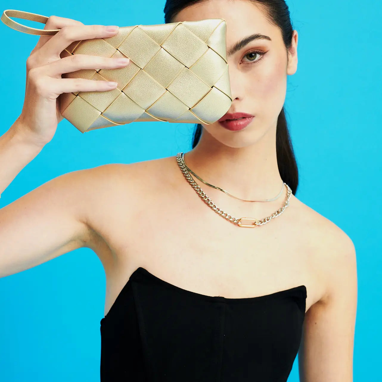 Woven Vegan Leather Clutch Bag - Gold